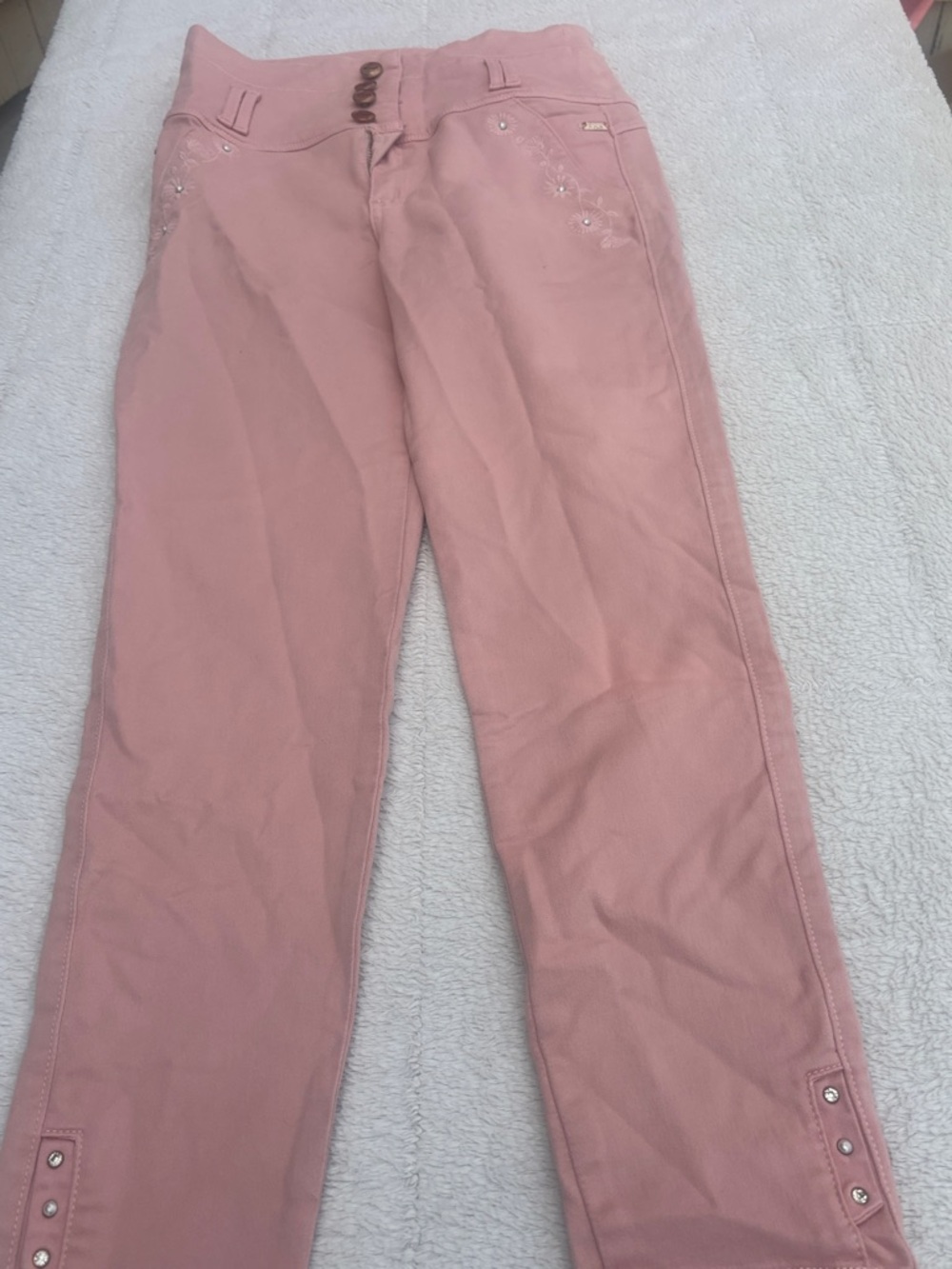 Women's Dusty Pink Straight-Leg Pants with Embroidered Pocket Detail